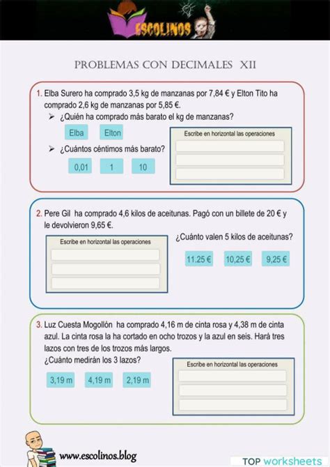 Problemas Con Decimales Xii Ficha Interactiva Topworksheets