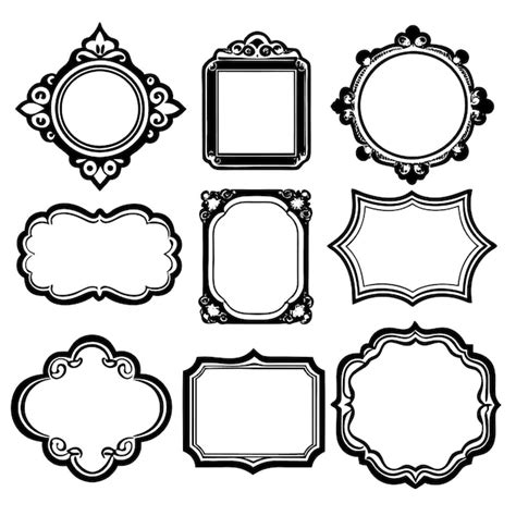 A Set Of Nine Decorative Black And White Frames With Ornate Designs