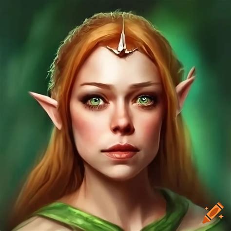 Auburn Haired Elven Woman With Green Eyes And Freckels Wearing Green