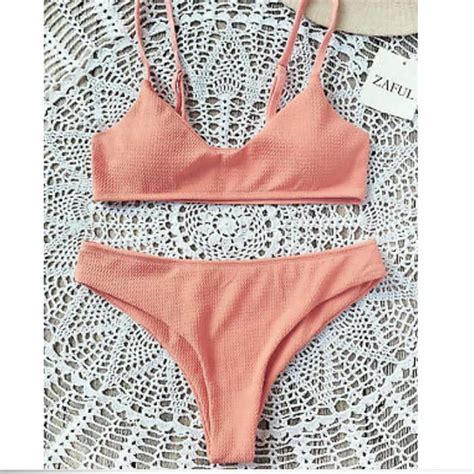 Women Soild Color Swimsuit Push Up Padded Bra Bikini Set Mid Waist