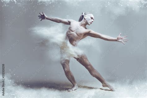 Dancing In Flour Concept Naked Muscle Man Dancer In Dust Fog Guy