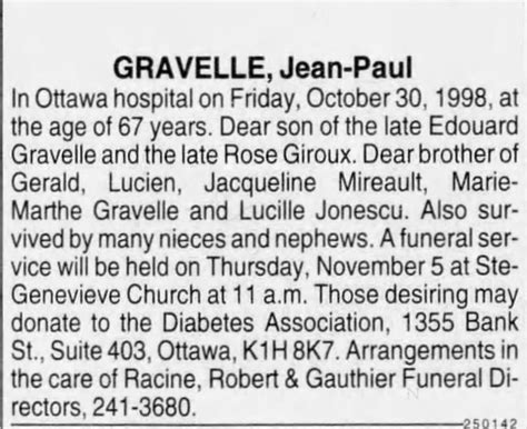 Obituary For Gravelle Aged 67