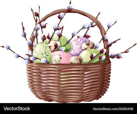Basket With Easter Eggs And Pussy Willow Branches Vector Image