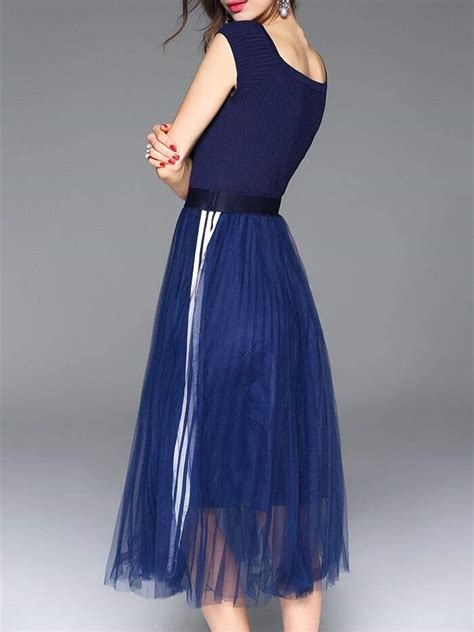 Blue Striped Pleated A Line Dress Sheinsheinside