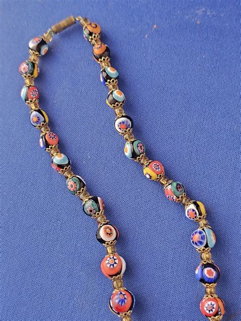 19 Inch Millefiori Murano Glass Bead Necklace Barrel Gem