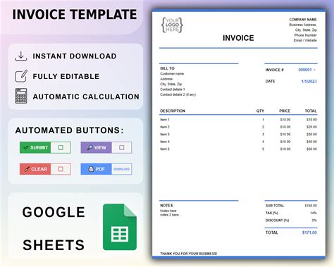 Google Sheets Invoice Template, Automated Invoice Spreadsheet, Customizable Invoice, Instant ...