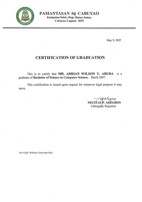 Certificate Of Graduation College