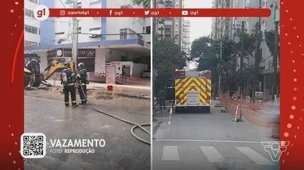 Vídeo G1 em 1 minuto Santos Rompimento de tubulação em obra causa