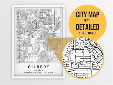 Printable Map Of Gilbert Arizona Az United States With Etsy