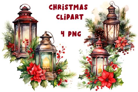 FREE Watercolor Christmas Lantern Designs By TheHungryJPEG | TheHungryJPEG