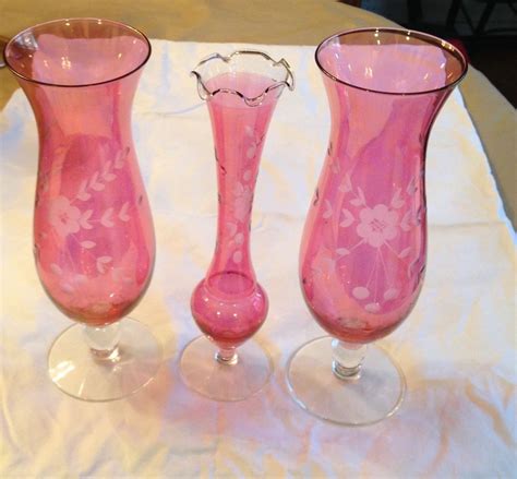 3 Vintage Etched Cranberry Glass Vases Floral Pattern Cranberry Glass Vase Cranberry Glass