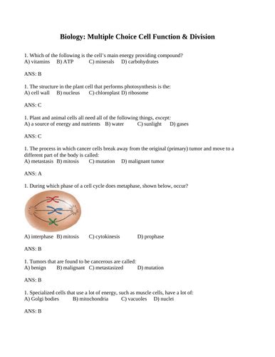 BIOLOGY UNIT Multiple Choice and Short Answer, Cell Cycle, Organelles ... 