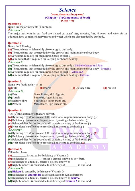 NCERT Solutions For Class 6 Science Chapter 1 Components Of Food