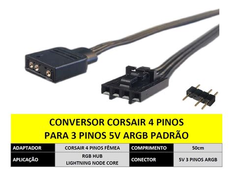 Cabo Adaptador Corsair 4 Pinos Femea Para Argb 3 Pinos 5v