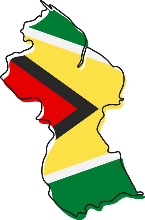 Stylized outline map of Guyana with national flag icon. Flag color map ...