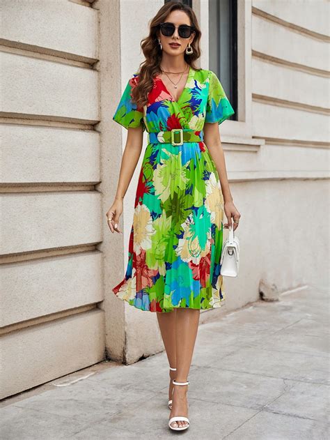 Shein Clasi Floral Print Surplice Neck Pleated Hem Belted Dress Shein Usa