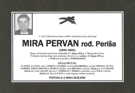 Mira Pervan rođ Periša Osmrtnice Livno