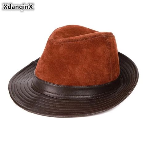 Xdanqinx 2023 Genuine Leather Wide Brim Black Leather Fedora Hat Elegant Jazz Style Snapback Cap