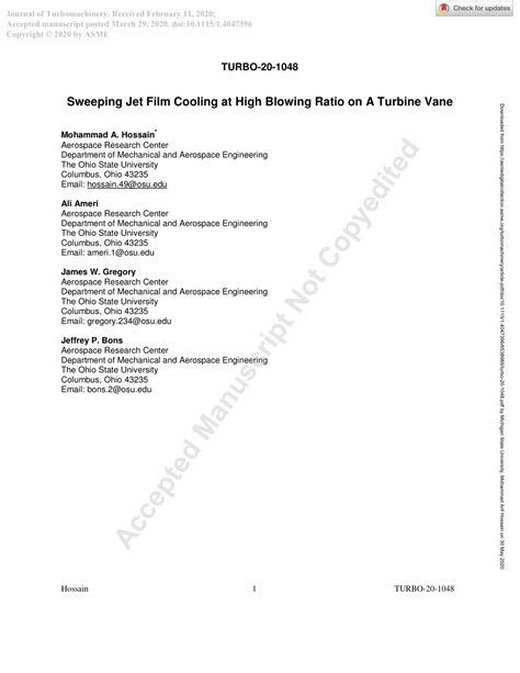 PDF Sweeping Jet Film Cooling At High Blowing Ratio On A Turbine Vane