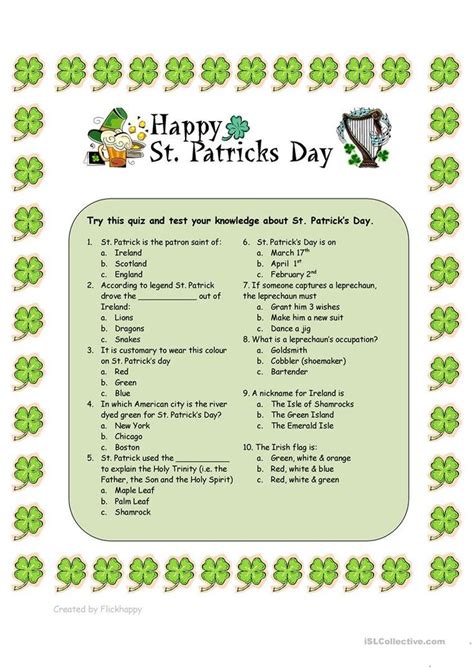 St Patrick S Day Quiz English ESL Worksheets For Distance Learning