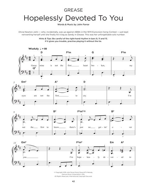 Hopelessly Devoted To You From Grease Sheet Music Olivia Newton