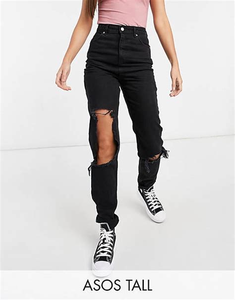 Asos Design Tall High Rise Original Mom Jean With Extreme Rips In