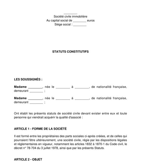 Mod Le Type Exemples De Statuts Sci T L Charger En Ligne