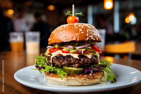 Gourmet Burgerfreuden Ein Saftiger Burger Auf Einem Ansprechenden