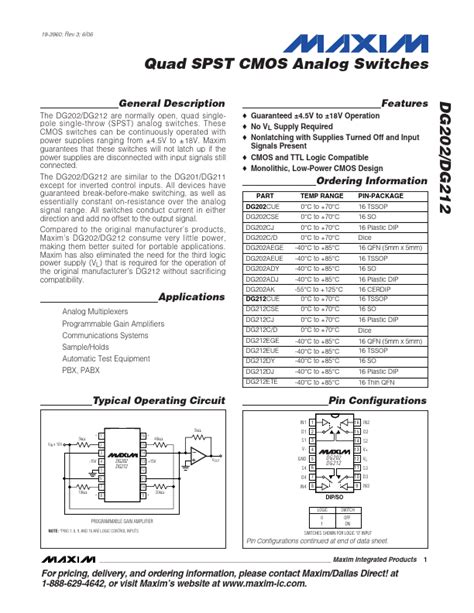 Dg Datasheet Quad Spst Cmos Analog Switches