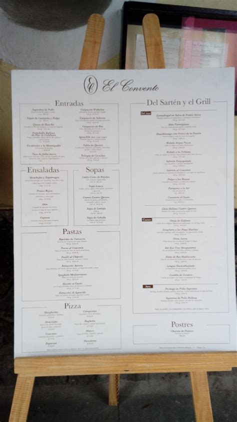 Menu at El Convento restaurant, Mexico City, Fernández Leal 96