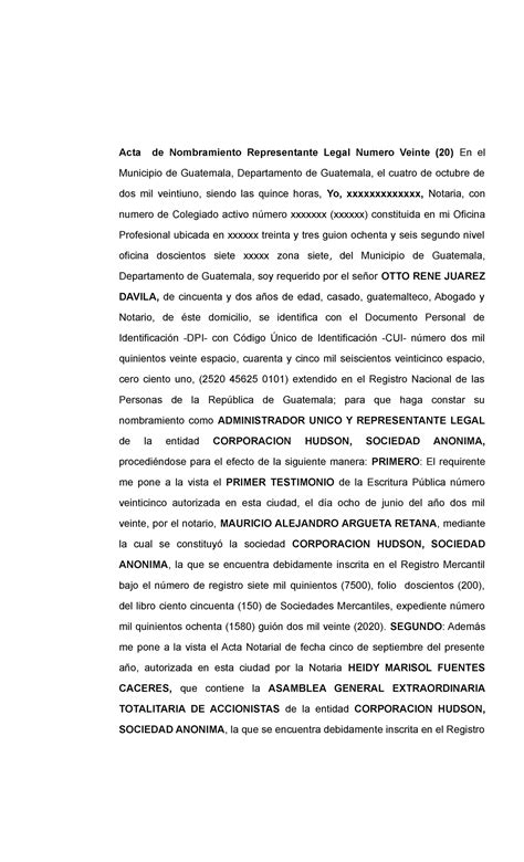 20 Acta Notarial De Nombramiento De Representante Legal Acta De