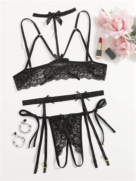 Cut Out Floral Lace Crotchless Lingerie Set With Garter Shein Usa