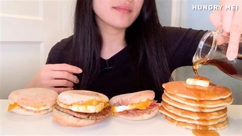 MUKBANG MCDONALD S BREAKFAST MCMUFFIN EGG SAUSAGE CHEESE PANCAKES