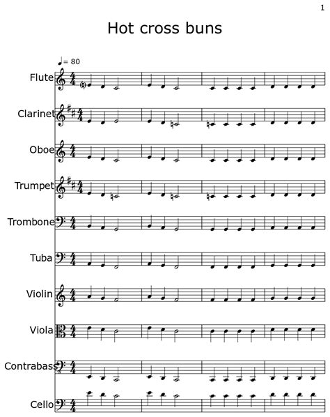 Hot Cross Buns Sheet Music For Flute Clarinet Oboe Trumpet Trombone Tuba Violin Viola