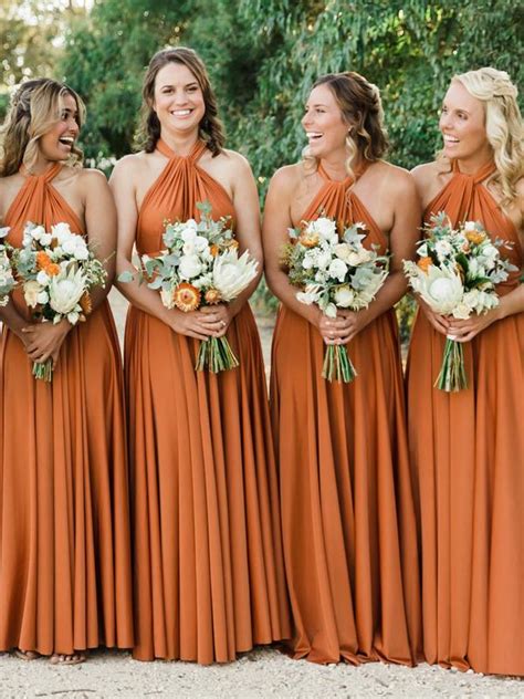 Sexy A Line Burnt Orange Bridesmaid Dresses Long Halter Backless