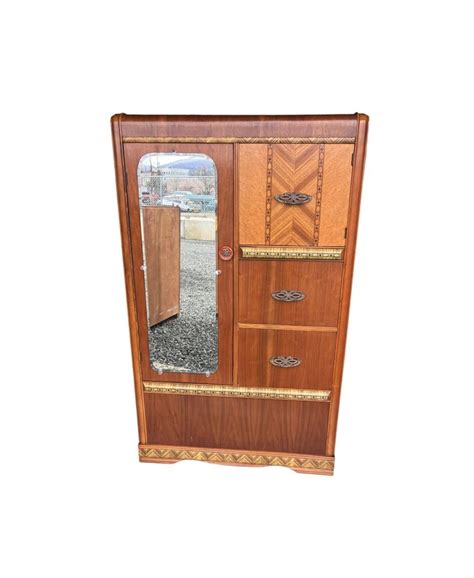 Antique Art Deco Armoire Waterfall Furniture Inlaid 1930s With Mirror