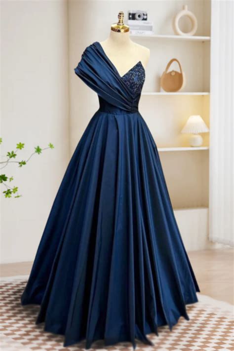 A Line One Shoulder Satin Beads Dark Blue Long Prom Dress Blue Long Evening Dress On Luulla