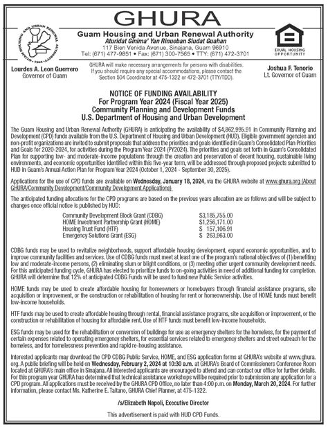 Notice of Funding Availability for Program Year 2024 (Fiscal Year 2025) CPD Funds - GHURA | Guam ...