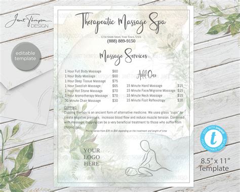 Massage Service Menu Salon Menu Custom Menu Diy Services Price List Nail Spa Menu Template