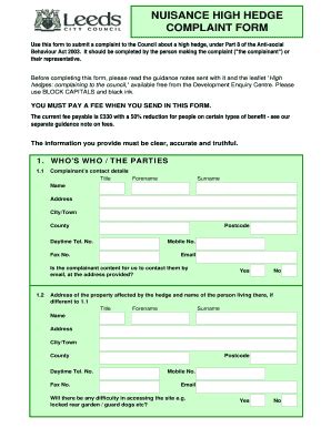 Fillable Online Leeds Gov Nuisance High Hedge Complaint Form Leeds