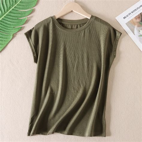 Dropped Shoulder Sleeve T Shirt Womens Summer Thin Solid Color