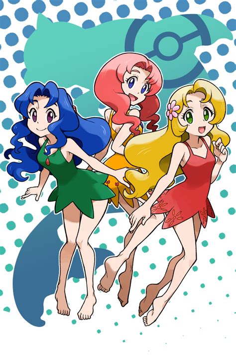 Safebooru 3girls Blonde Hair Blue Eyes Blue Hair Daisy Pokemon Dress Flower Full Body Green