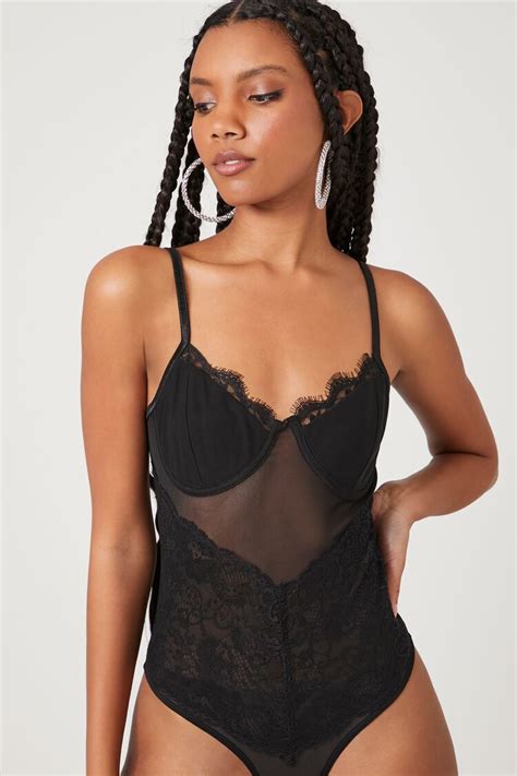 Forever 21 Eyelash Lace Bustier Bodysuit Black Forever21USA