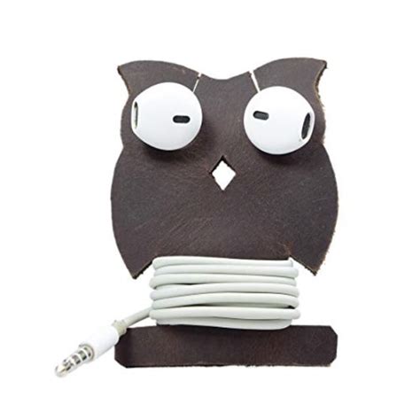 Hide Drink Leather Owl Earphone Wrap Cord Organizer Holder Earbud