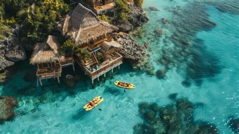 Premium Photo Aerial View Of Overwater Bungalows And Kayaks On