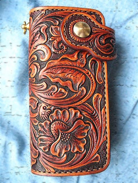 Tooled Biker Wallet Leather Wallet Grand Sheridan Floral Hand Curved