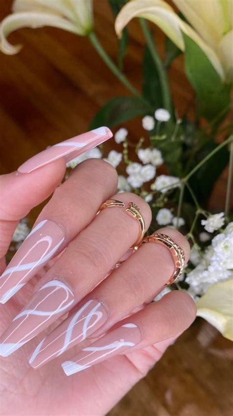 Nude Abstract Nail Design White Lines Acrylic Nails Homecoming Nails Acrylic Nail Colors