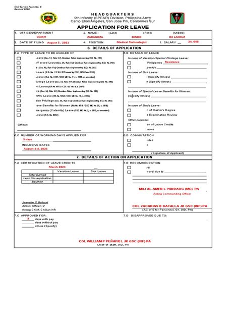 Cs Form No 6 Revised 2020 Leave Application Fillable Pdf