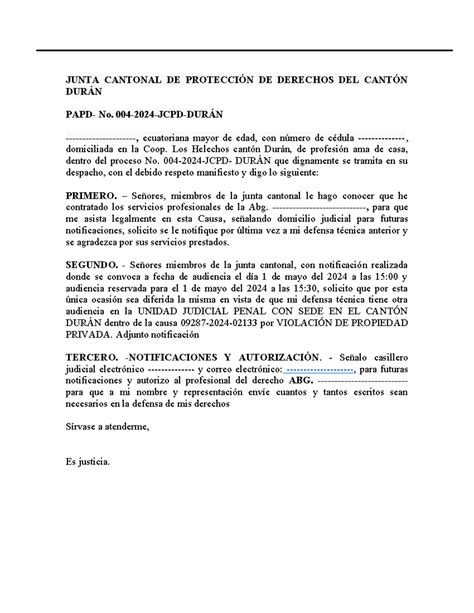 Diferimiento de Audiencia de la Junta Cantonal - JUNTA CANTONAL DE