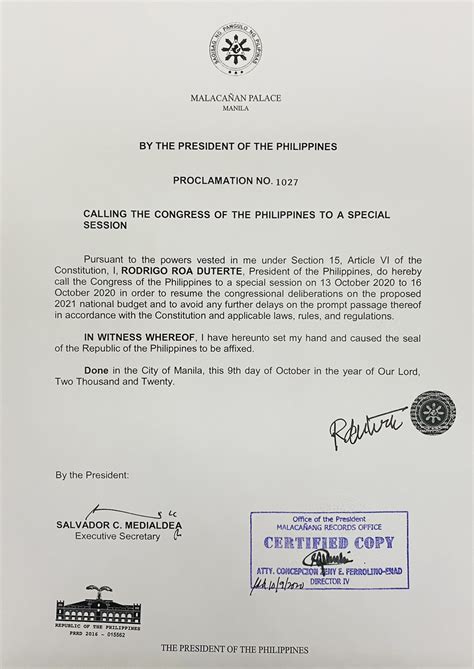 Proclamation 1027: Calling the Congress of the Philippines to a Special Session – Presidential ...